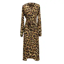 Women Leopard Print Dress Leopard Print V Neck Spring Dress with Lace-up Waist Elegant Midi Length for Women Soft Comfortable