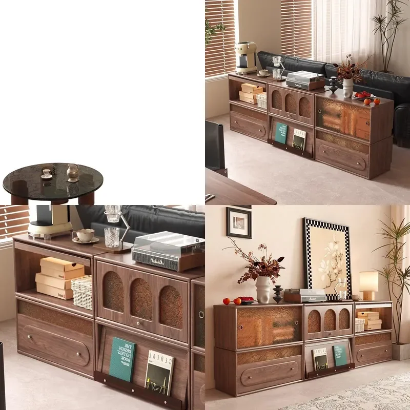 Black Walnut Solid Wood TV Cabinet Living Room Storage Unit Floor to Ceiling Bookshelf Combo for Small Apartment Household