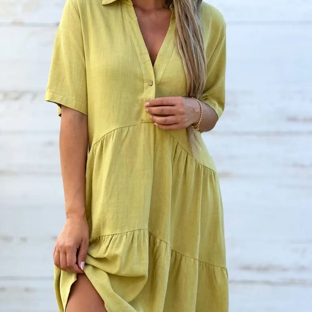 Women Casual Summer Dress Loose Fit Cotton Linen Lapel Short Sleeve Solid Color Elegant Breathable Midi Chic Outfits