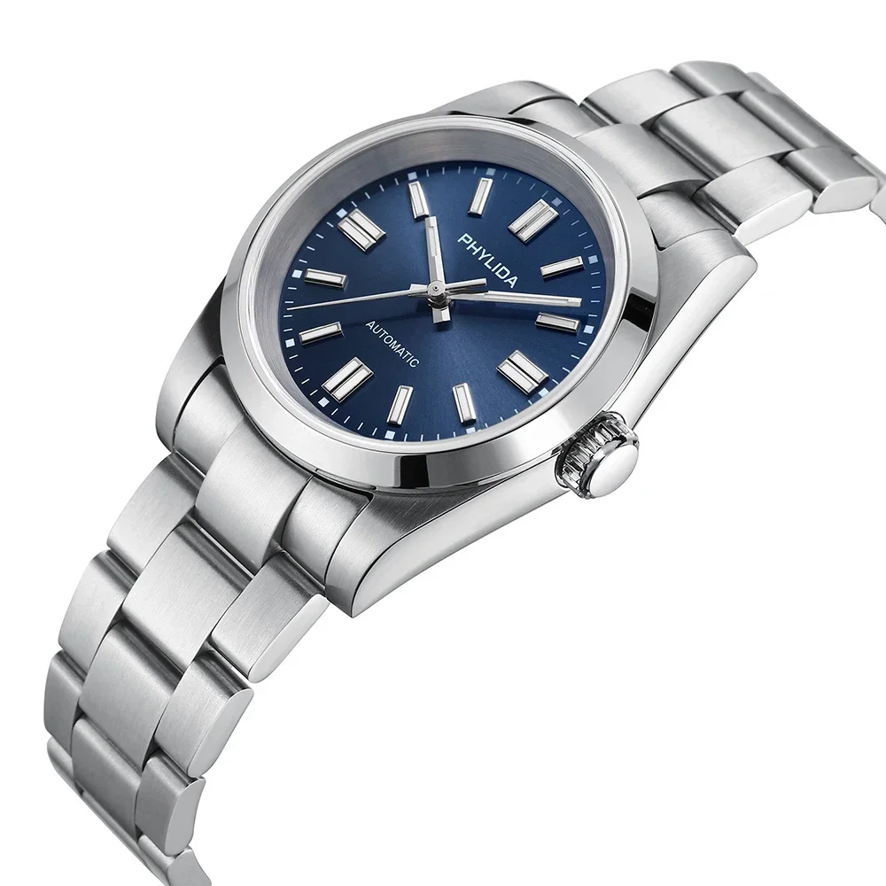 PHYLIDA 37mm Automatyczny Zegarek Męski NH38A Niebieska Tarcza Perpetual Bez Daty Szkło Szafirowe BGW9 Luminescencja