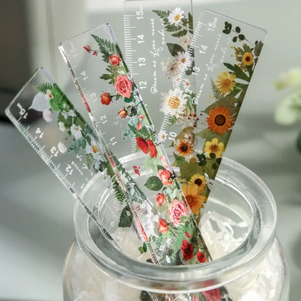 Flower Series Multifunction 15cm Straight Ruler Transparent Double-duty Math Drawing Ruler Daisy Rose Drafting Ruler Office