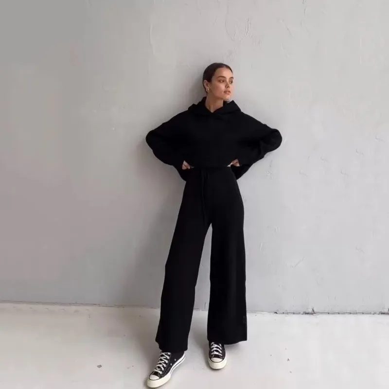 المرأة هوديي قطعتين مجموعة الخريف بلون سماكة فضفاضة موضة عادية الرباط بنطال ذو قصة أرجل واسعة موضة ملابس نسائية