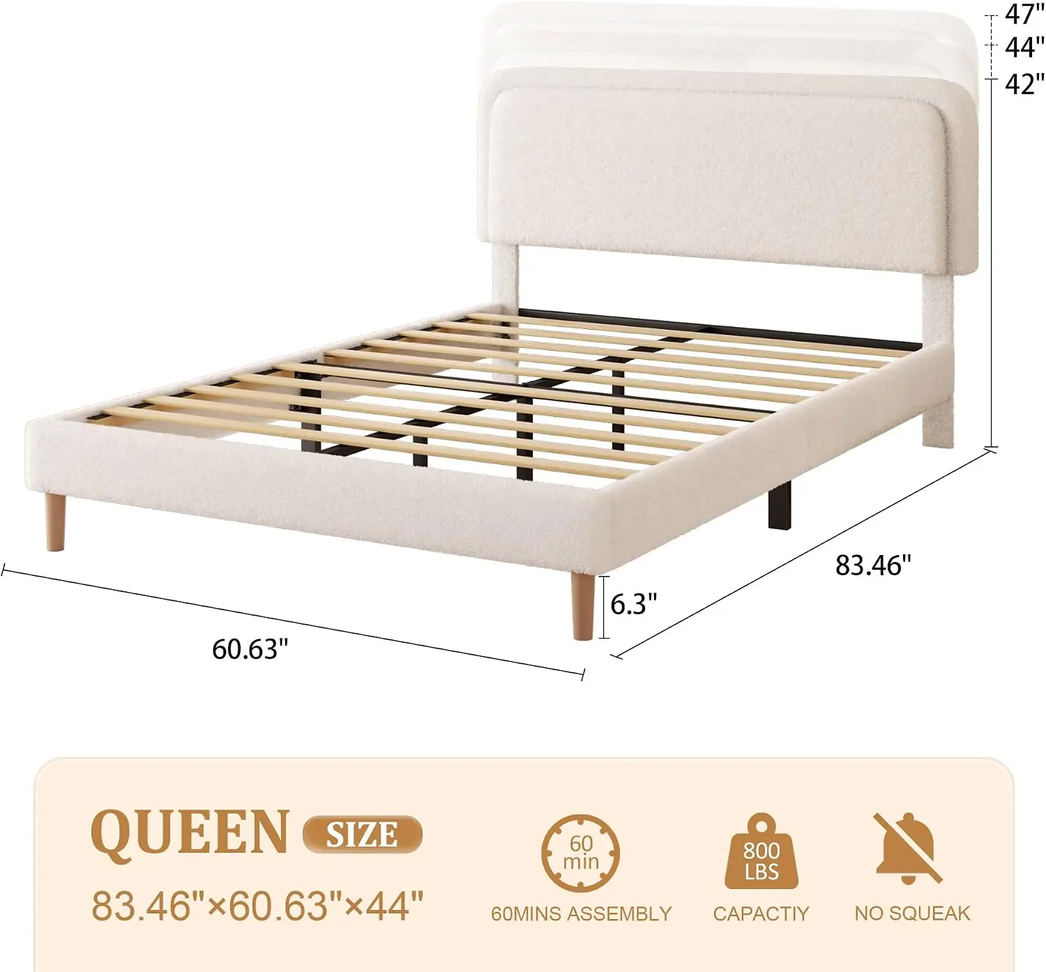 Queen Size Boucle Upholstered Platform Bed Frame with Adjustable Headboard, Soft Cloud Bed, No Box Spring Needed, Noise Free