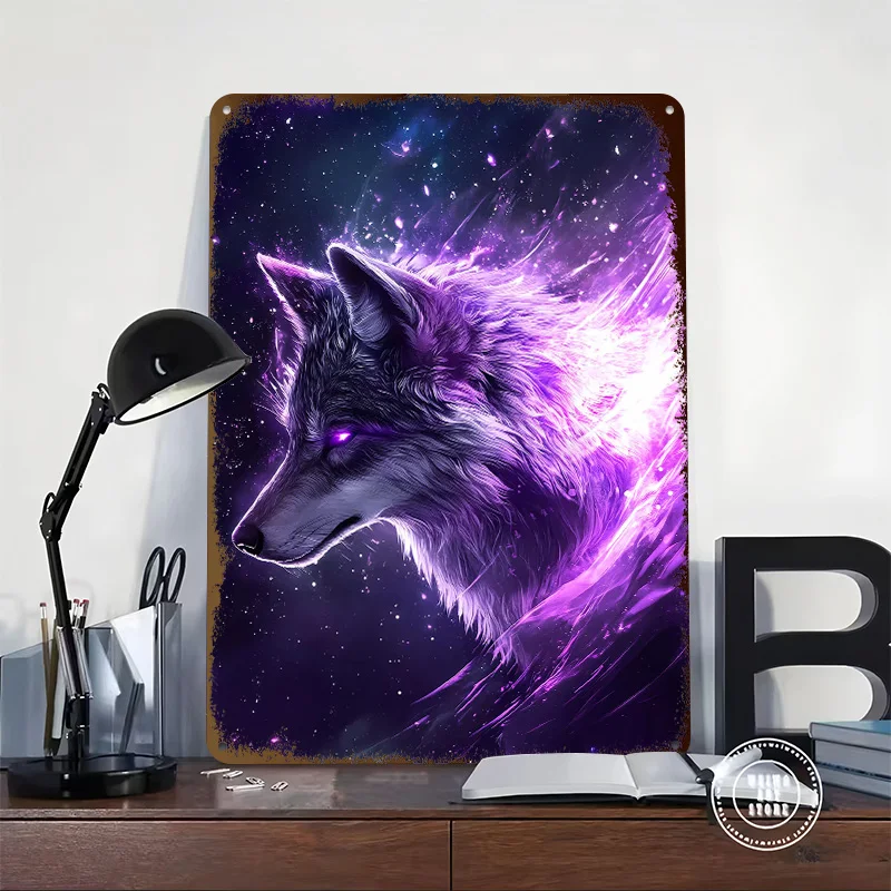 Cosmic Wolf With Purple Energy Printed Poster Customized Wall Art Retro Vintage Metal Tin Signs for Office Decor Room House Home