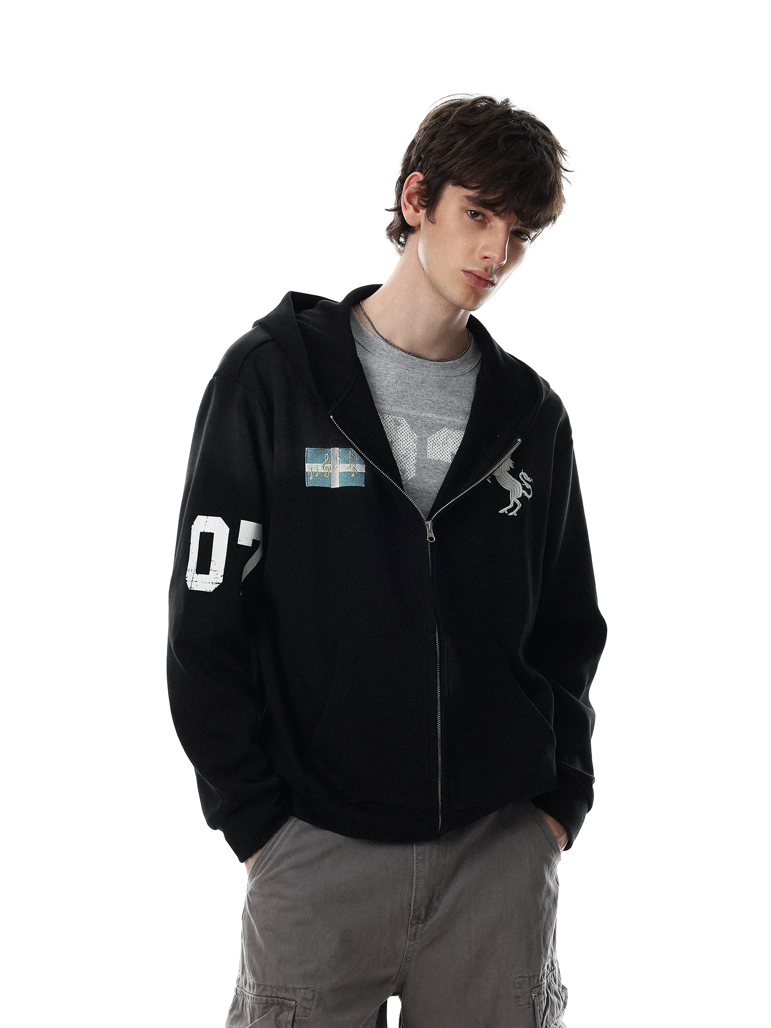 MR NEARLY American Retro Hooded Zipper Sweatshirt Men's Loose Versatile Embroidered Open Cardigan Jacket Trendy Cotton Polyester