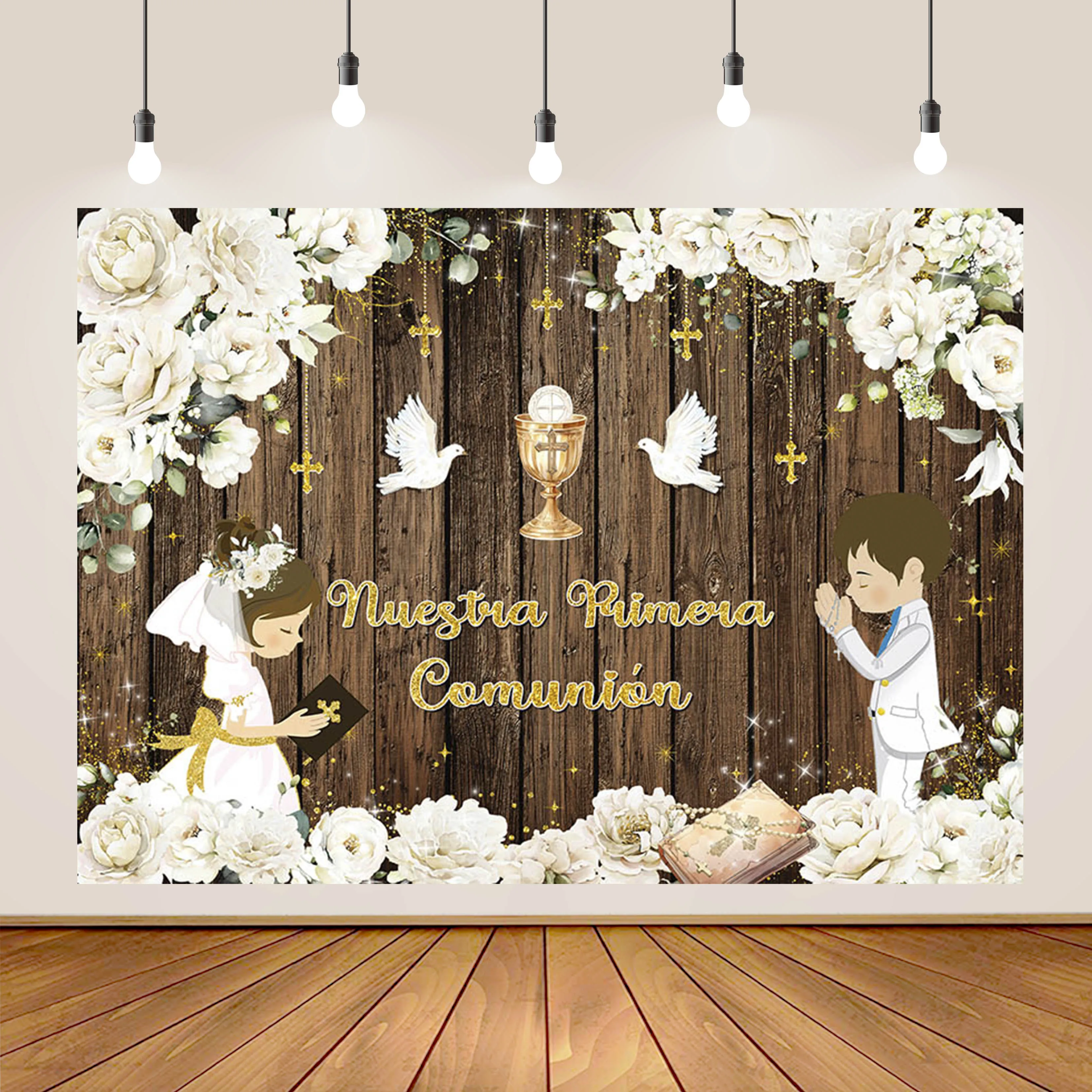 Girl Boy First Holy Communion Backdrop Flower Gold Cross God Bless Mi Primera Comunión Photography Background view 5