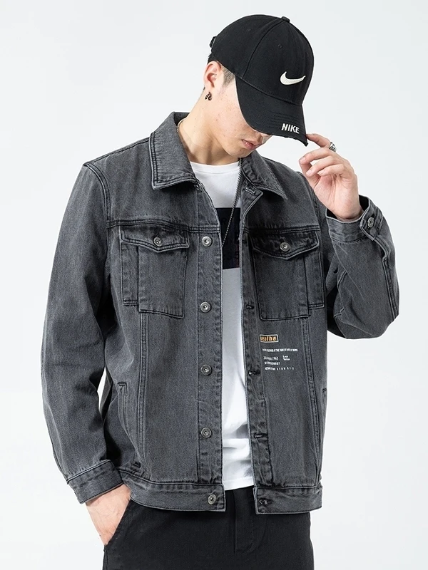 Retro American Style Loose Fit Men's Denim Jacket Trendy Workwear Jacket with Print Design for Spring Autumn And Winter