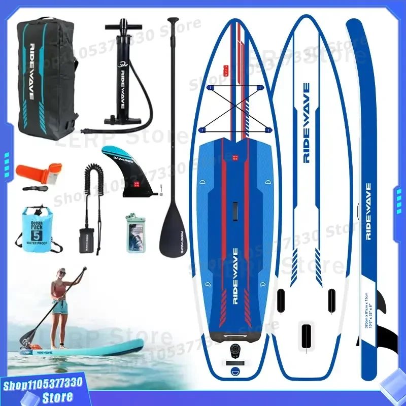 Ridewave Drop Stitch Eco-Friendly CE Certified Red 320x81x15cm Inflatable Surf SUP Paddle Board 3 Fin System 15 PSI for Ocean