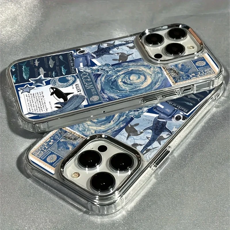 A Marine Whale Puzzle Transparent Electroplated Frame Phone Case, Suitable for iPhone 17/16 Pro Max/15/14 Plus/13/12/11, Shock-Absorbing, Non-Slip, Lightweight, Stylish and Trendy Design, Unisex.