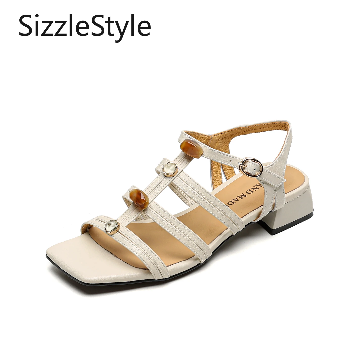 

Женские римские сандалии из спилка, квадратный носок, Т-образный ремешок, блочный каблук 3 см, с открытым носком, сухожильная подошва, бежевый, абрикосовый, коричневый