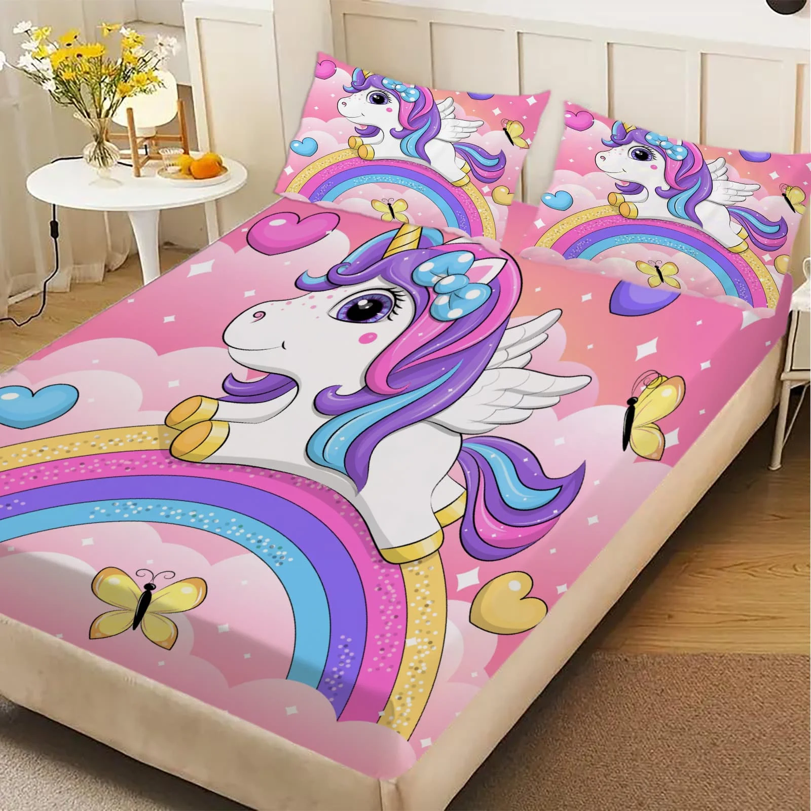 1pc Cartoon Unicorn on Rainbow Print Fitted Sheet Deep Pocket Elastic Mattress Cover Single Double Queen King Bedroom Decor