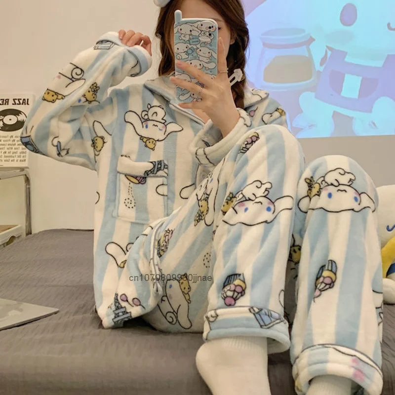 New Sleepwear Sanrio Kuromi Winter Plush pigiama Set donna Hello Kitty Melody Cinnamoroll Home Clothes Suits Fashion Cute Pijama