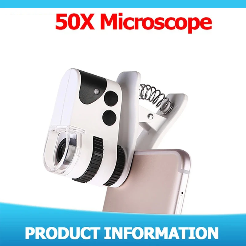 50X Rechargeable Clip-On Microscope Focal Length Adjustable Pocket Microscope LED Jewelry Magnifier with Mobile Clip UV Lamp