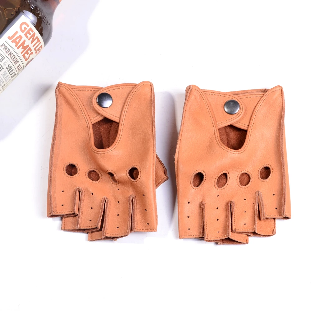 Guantes de piel de ciervo de cuero Real para hombres, botón de muñeca retráctil, sin dedos, medio dedo, mitones de conducción