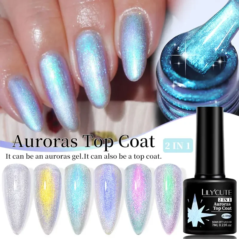 LILYCUTE 7ML Auroras Top Coat Sparking Gel Nail Polish Semi Permanent UV Gel 2 In 1 Function Top Coat Soak Off Nail Gel Varnish