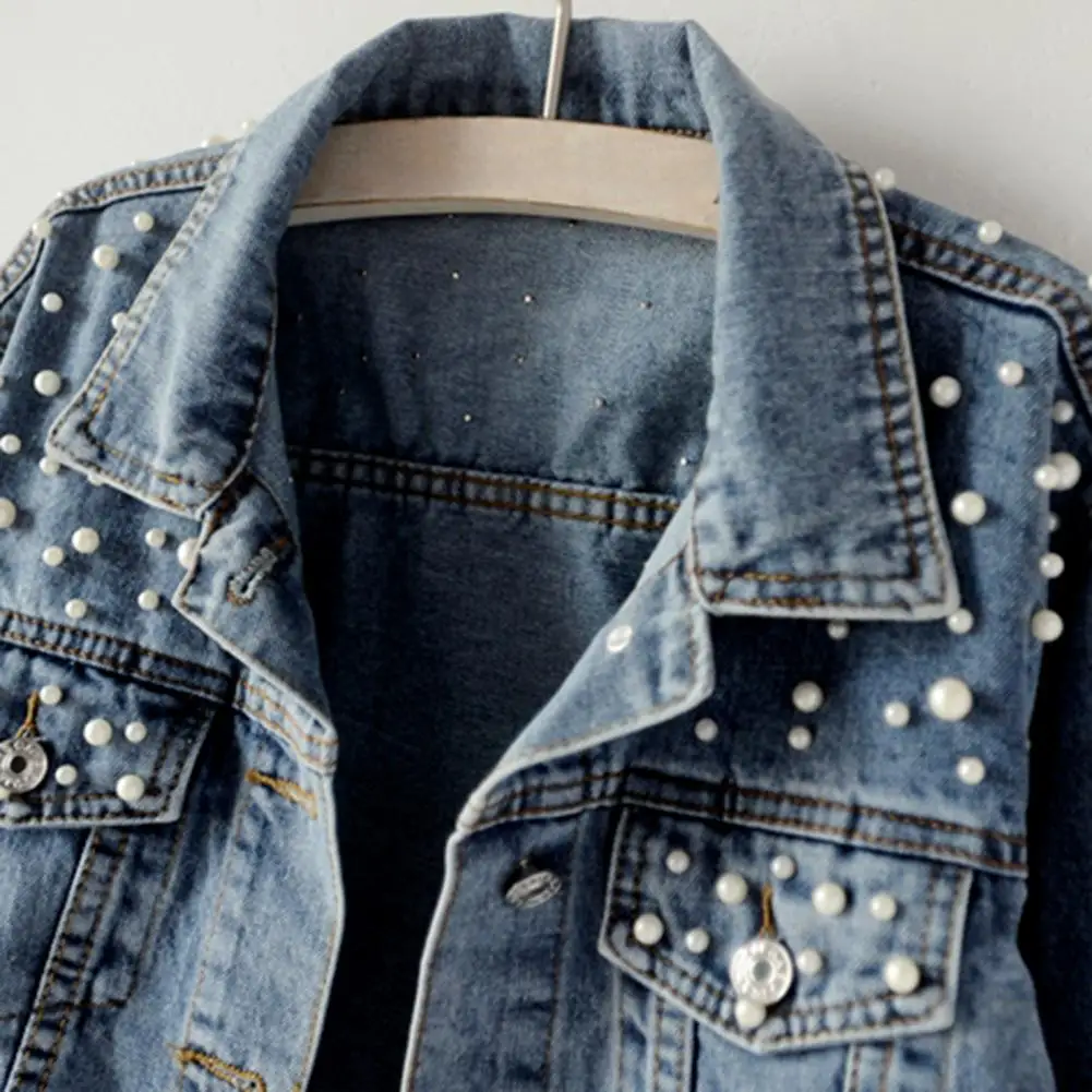 Imitation Pearl Women Denim Jacket Solid Color Single-breasted Short Beads Decor Long Sleeves Cardigan Jeans Jackets Women Coat