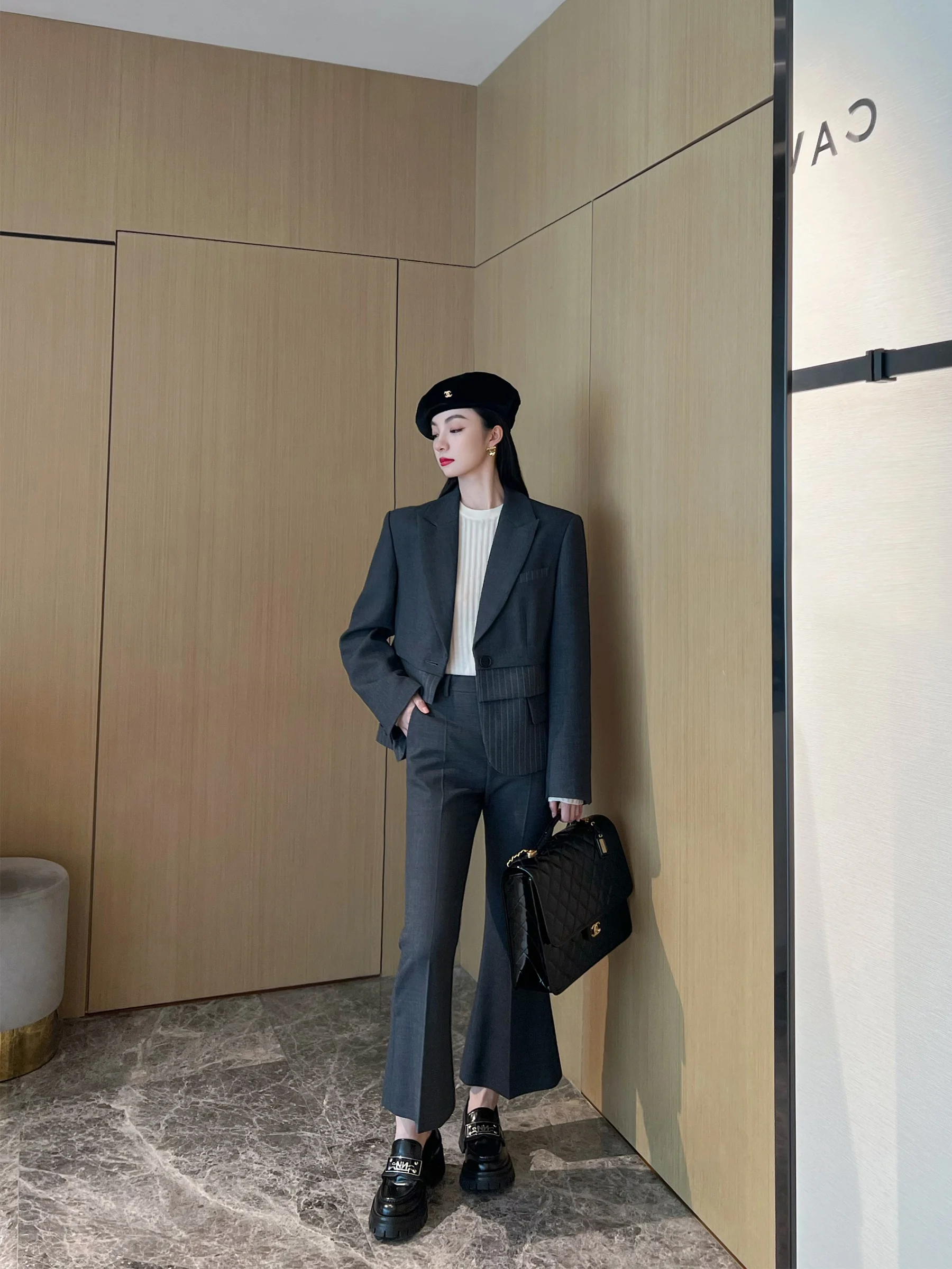 

NancyCavally Women's Short Suit Pants Wide Leg Wool Blend High Density Weave Layered Look Button up Long Sleeve Shirt Set