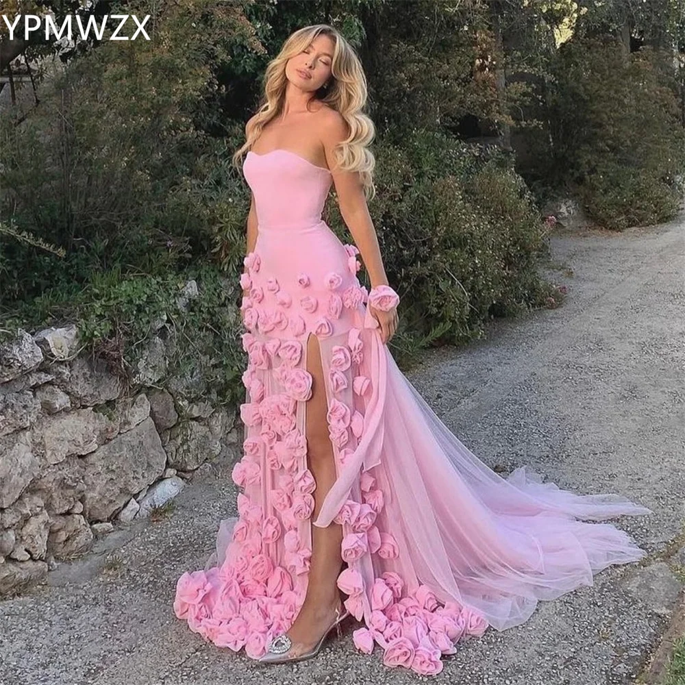 

Customized YPMWZX Strapless Mermaid Floor length Skirts Draped Tulle Applique 3D Flower Sleeveless Bespoke Occasion Dresses