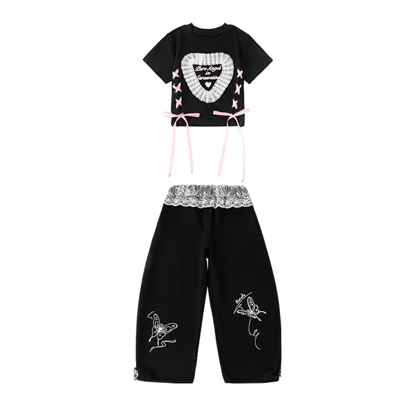 Kid Kpop Hip Hop Clothing Black Lace up Heart Crop T Shirt Top Casual Butterfly Sweat Pants for Girl Jazz Dance Costume Clothes