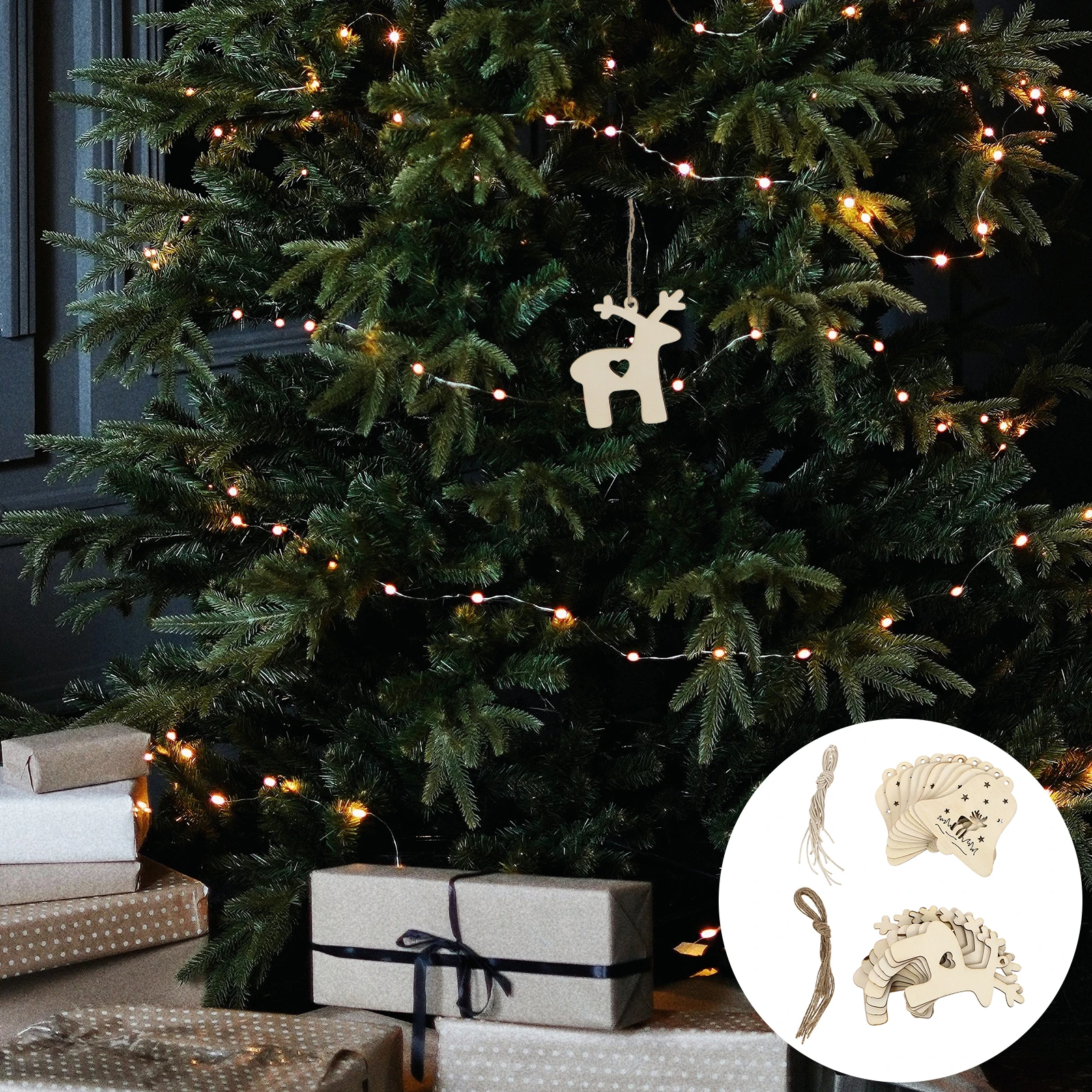 

20pcs Christmas Element Hollow Pendants Wooden Crafts Wall Hanging Fawn Bell Wood Chips Graffiti Pendants Diy Handmade Slices