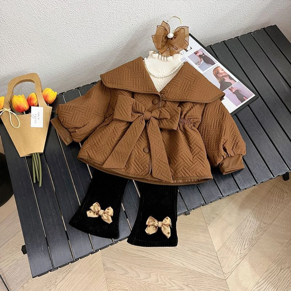 Girls Winter Cotton Coat 2024 New Girl Baby Fashionable Children Fashion Clip Cotton Thickened Coat One Piece Plush Pants