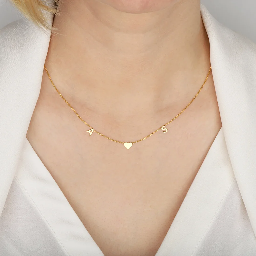 Custom Heart Sideways Letter Initials Necklace Mothers Day Gift Personalized Bridesmaid Gold Color Stainless Steel Jewelry Party