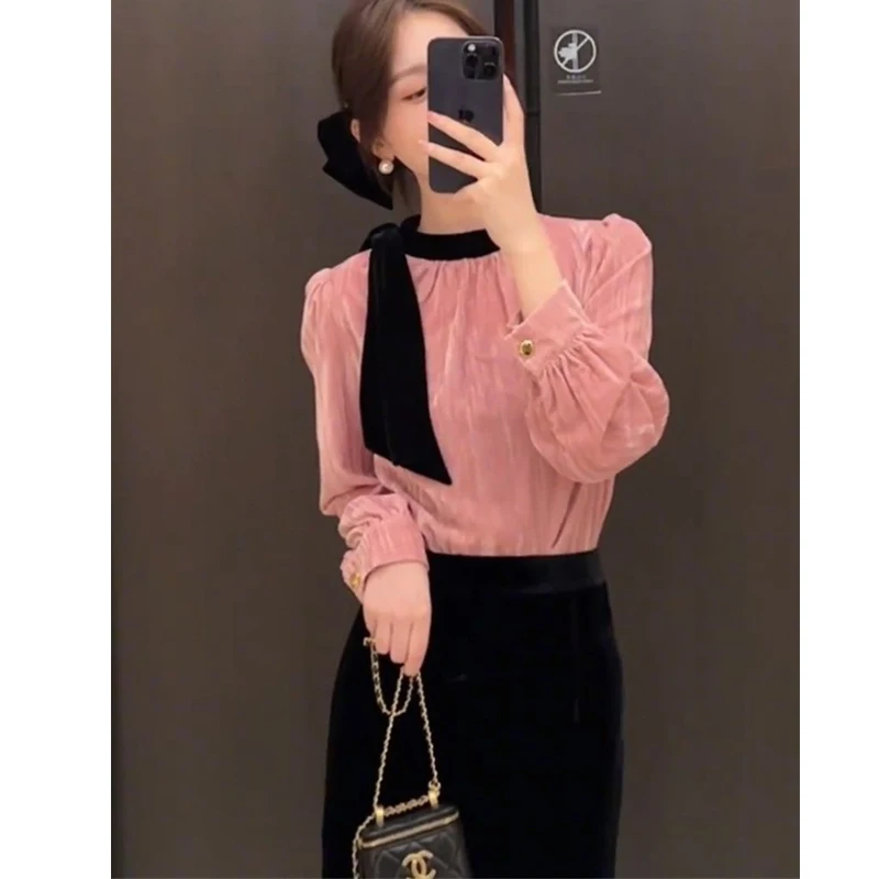 Patchwork Contrast Long Sleeve Blouse Spring Autumn New Long Sleeve Solid Loose Vintage Blouse Fashion Elegant Women Clothing