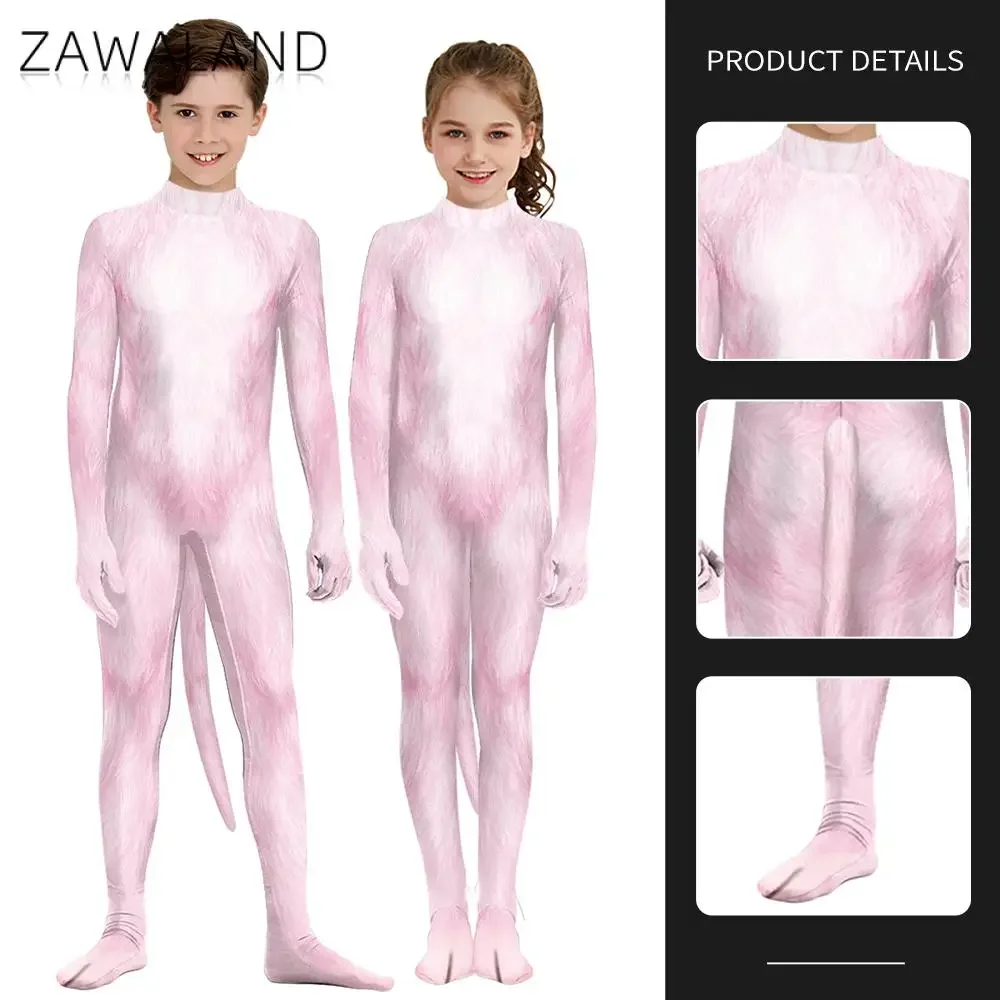

Zawaland Pink Animal Petsuit with Tail Boy Girl Halloween Costume School Festival Party Cosplay Dress Up Full Cover Bodysuit