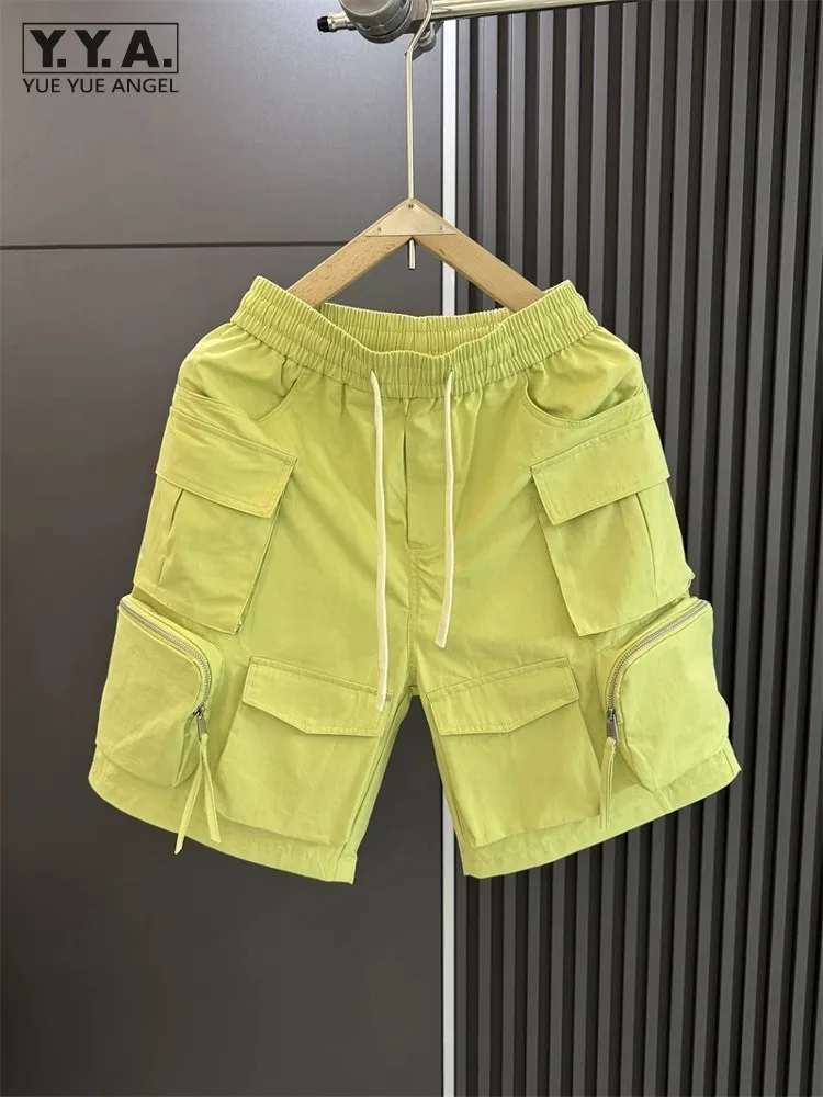 

Мужские летние повседневные шорты-карго с эластичной резинкой на талии и несколькими карманами на молнии, брюки длиной до колена, уличная одежда, свободные модные пляжные шорты