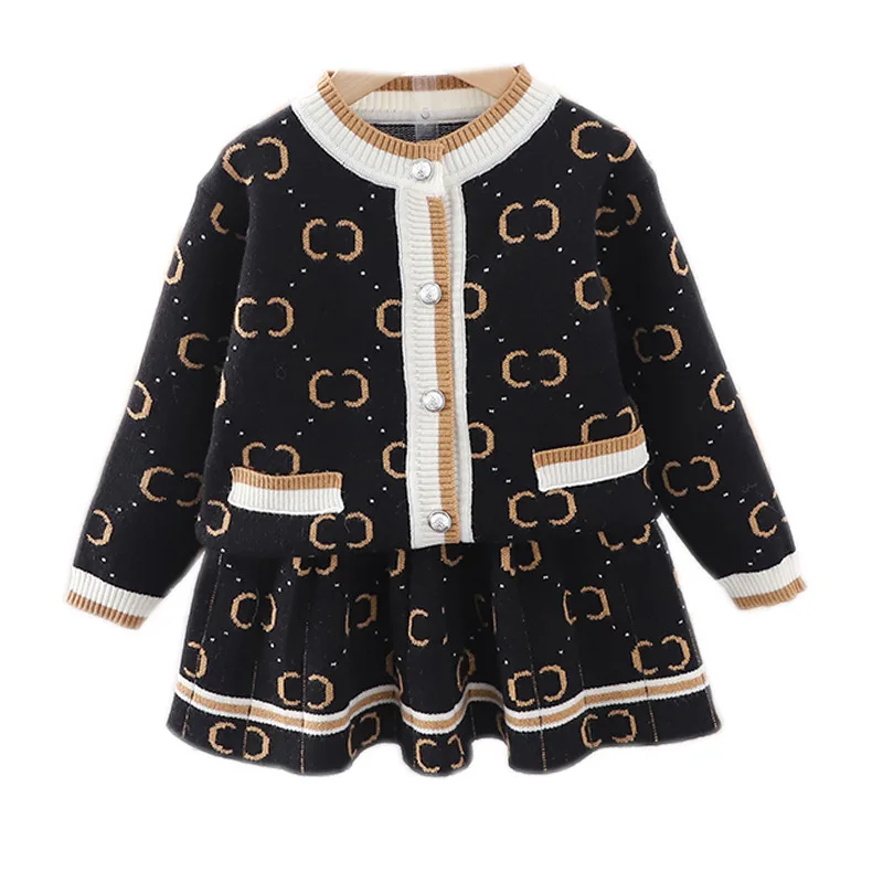 New Children\'s Sweater Set Girls Fashion Printing Cute Knitted Cardigan Skirt 2 Pieces Baby Clothes 1-7T Autumn and Winter