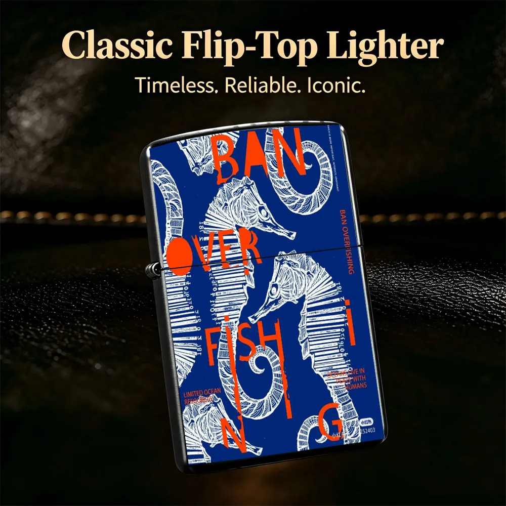 Pocket Lighter, Flip-Top Windproof Design, Seahorse Print Metal Case, Comfortable Grip, Durable and Reliable - Perfect for Daily Use