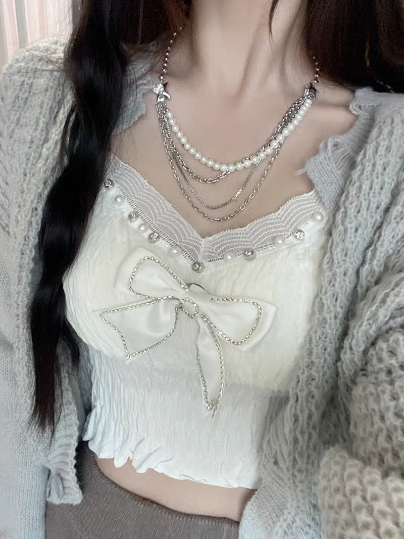 High-Stretch Ruched Beaded Tank Top Women's Bow Detail Integrated Bust Support Casual Sleeveless Top