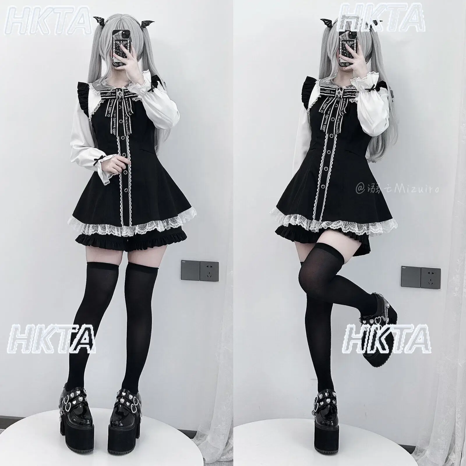 Japanese 2026 Summer New Subculture Y2k Goth Lace Doll Collar Petal Long Sleeve Bow Sweet Lolita Dress Black Shorts Sets Women view 6