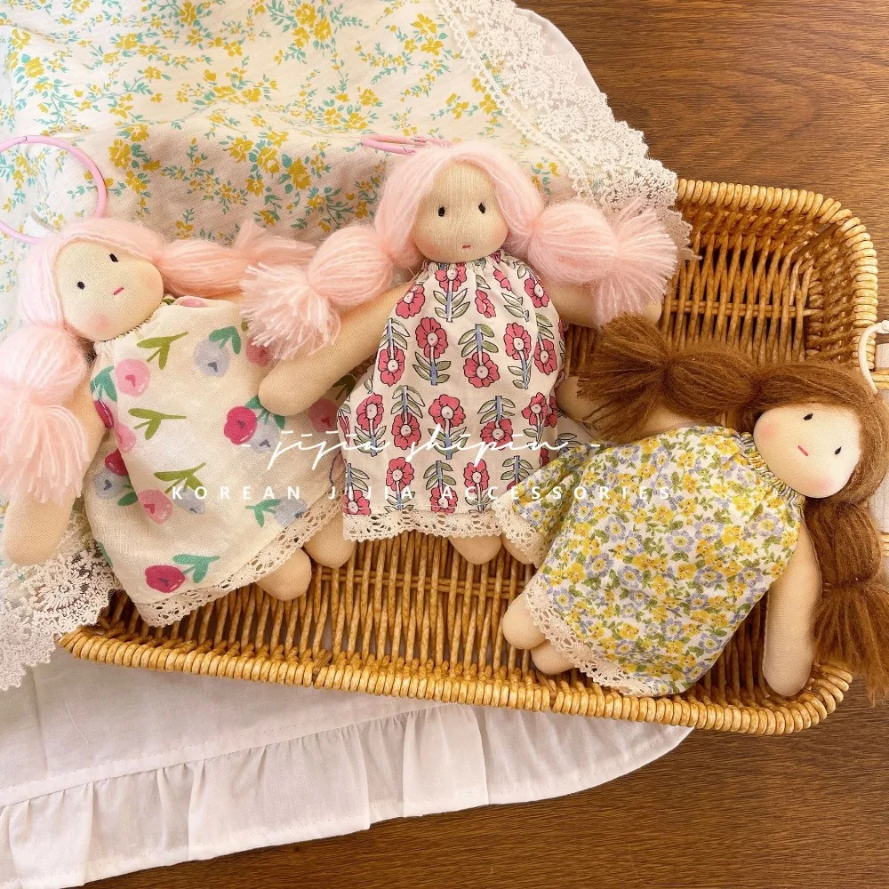 Cute Floral Dress Girl Keychain Key Ring for Backpack Bag Charm Decor Handmade Fabric Dolls with Braid Kawaii Stuffed Plush 1Pc
