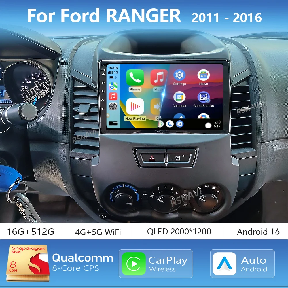Android 16 Carplay Auto 2K Screen Car Player Radio Multimedia For Ford RANGER 2011-2016 Autoradio WIFI+4G Stereo 2Din Head Unit