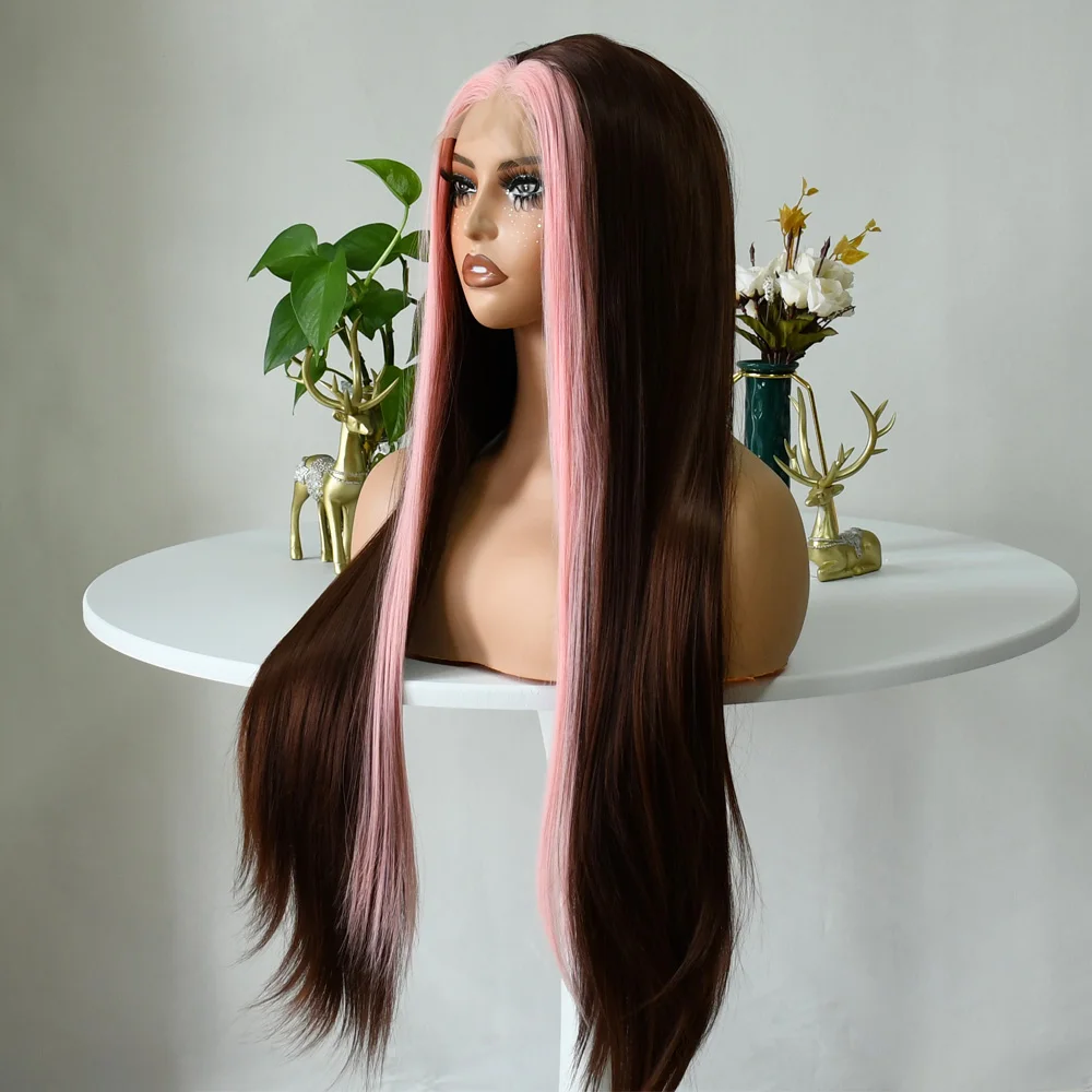Pink Highlight Brown Wig 13x4 Lace Front Wig Brown Wig High Density Lace Wigs For Women Lace Frontal Wig Synthetic Wig