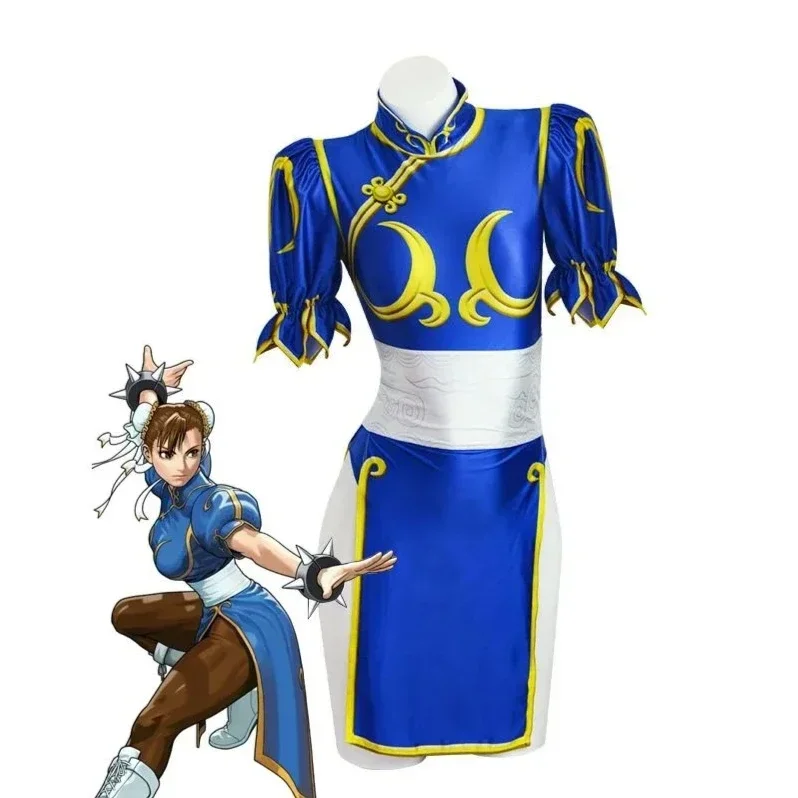 

Chun Li Cosplay Jurk Kostuum Spel Sf Chunli Rollenspel Blauwe Qipao Outfit Full Set Jackie Kung Fu Halloween Party Pak