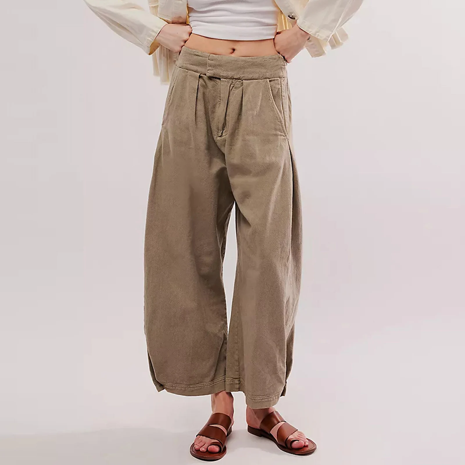 

Женские повседневные длинные брюки, модные однотонные свободные брюки с высокой талией и широкими штанинами, с карманами, для лета, весны и осени