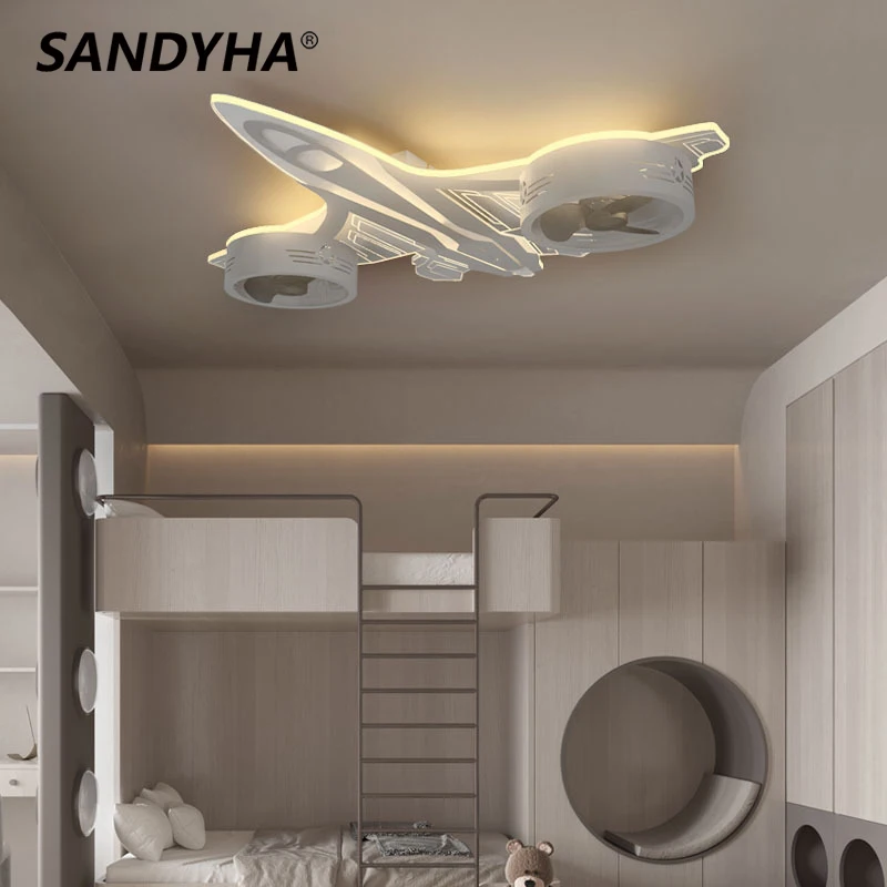 SANDYHA Modern Aircraft Ventilador Mando Ceiling Lights Fans Children\'s Room Bedroom Home Decor Lampadario Luminaires Suspendus