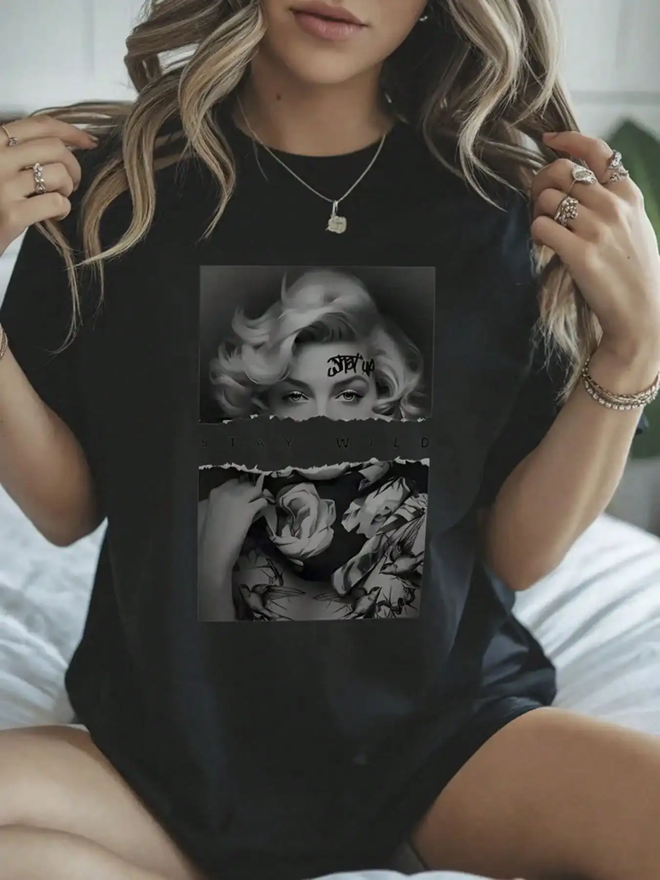 

Женская дышащая рубашка с коротким рукавом из 100% хлопка — узор певицы с текстом «STAY WILD» и художественным цветочным дизайном