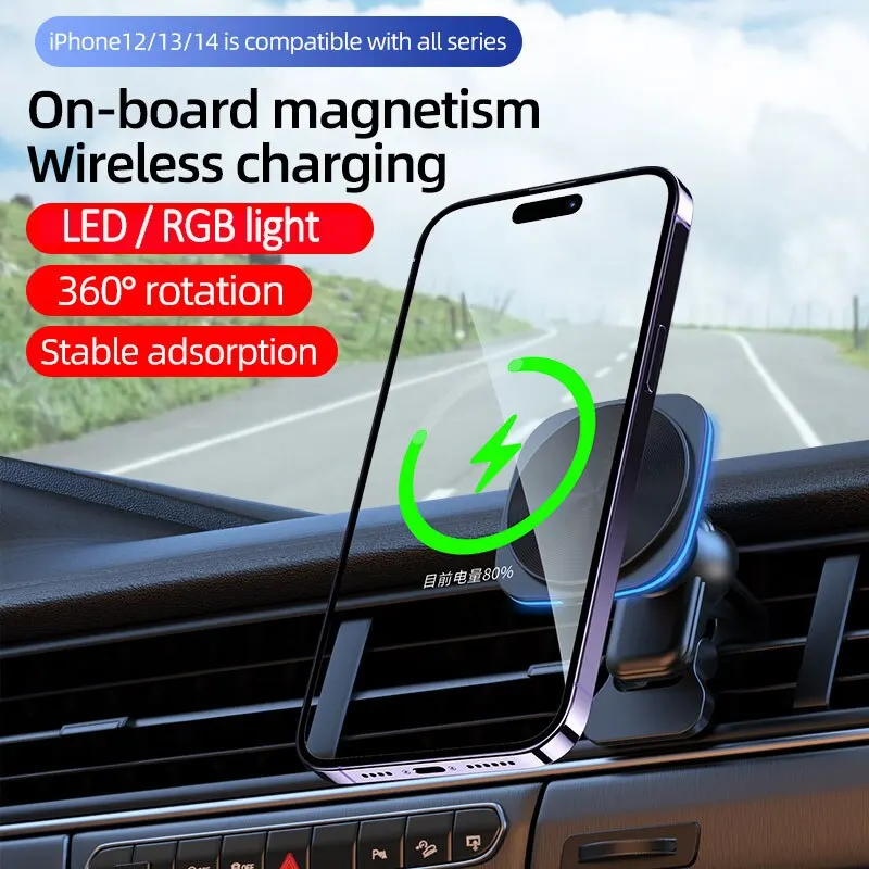 RGB Magnetic Car Phone Holder Stand 30W Wireless Charger Car Mount For iPhone 14 13 12 Pro Max Car Fast Charging Station Macsafe