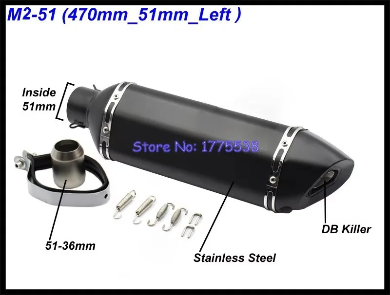 Left Right Side Lenth 570mm/470mm/370mm Inlet 51mm 61mm Motorcycle Exhaust Muffler Escape Baffle for NINJA400 TMAX XMAX NMAX R3