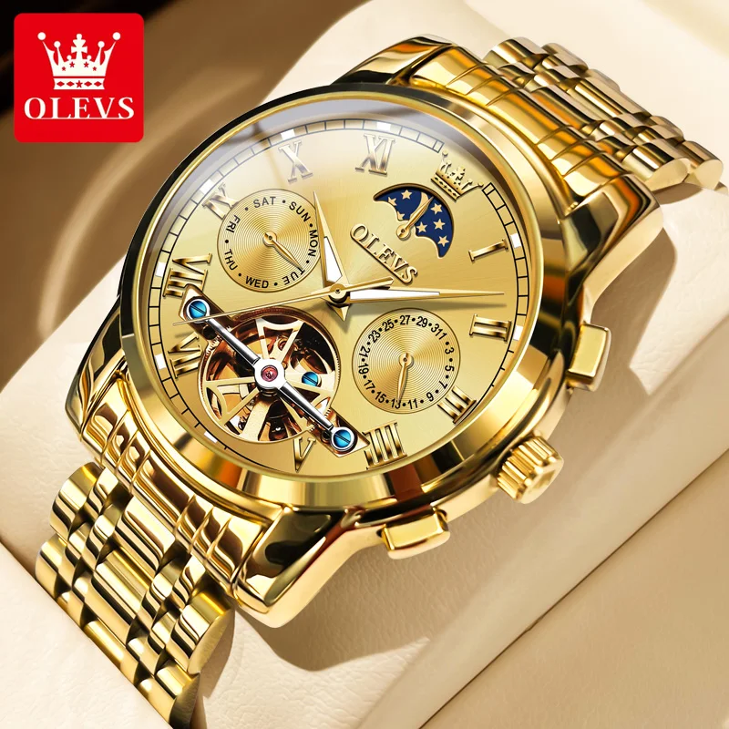 OLEVS 6617 Orologio meccanico classico da uomo Orologio da lavoro impermeabile con cinturino in acciaio inossidabile Orologio impermeabile sole e luna 30M