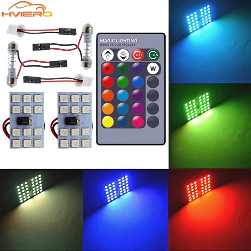 2X luz LED Interior para coche T10 5050 12SMD 15SMD 24SMD 36SMD Control remoto RGB Panel lectura cúpula adorno BA9S adaptador 12V