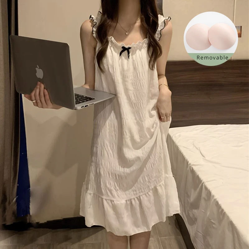 

sleeveless sleepshirts women Removable chest pad solid comfortable simple lovely sweet home cozy ankle-length slim loose