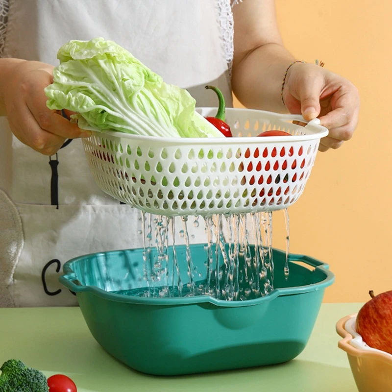 Drain Basket Six-Piece Set Kitchen Color Matching Double Layer 6-Piece Set Household Vegetable Washing Strainer Fruit Clean