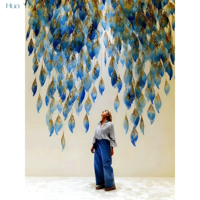 Blue Feather Glass Chandelier, Bar Villa Pendant Light, Art Glass Light Fixture For Hotel Lobby Dinning Living Room Pendant Lamp