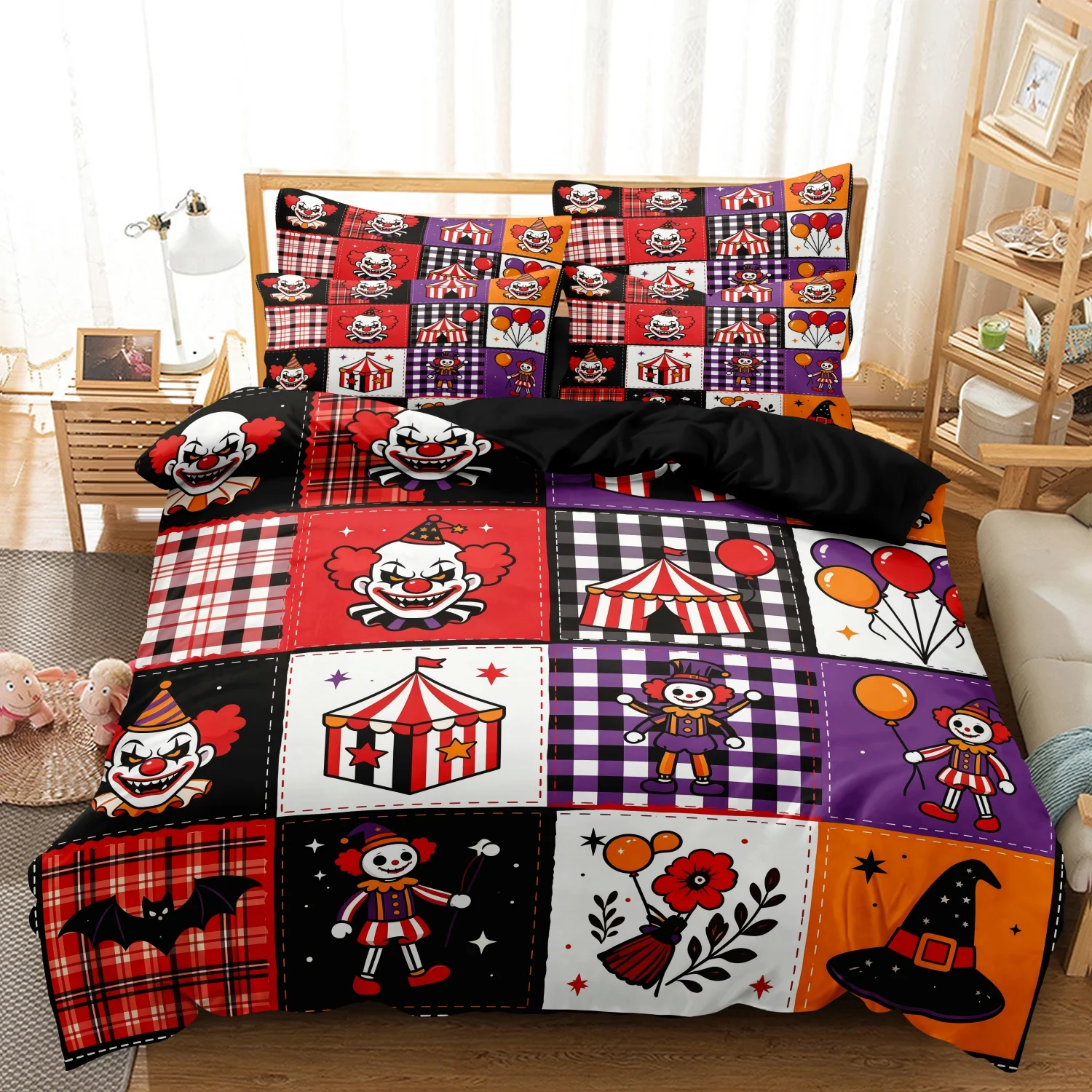 3Pcs Duvet Cover  Set, Patchwork Grid Halloween Creepy Clown Circus Tent BatHat Plaid Floral Print Bedding, Bedroom Decor