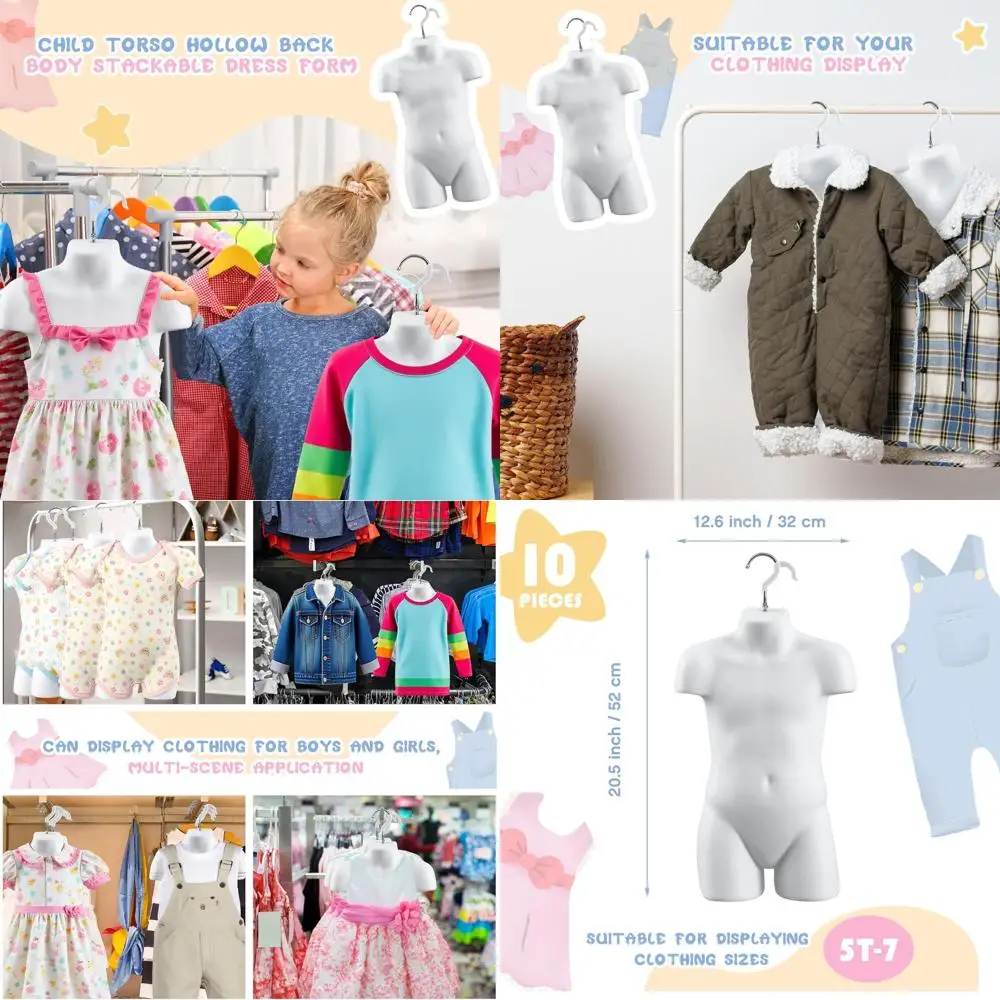 

Набор штабелируемых белых манекенов для малышей, с полой спинкой и крючком для подвешивания, 20.5x12.6, подходят для демонстрации футболок и выставок