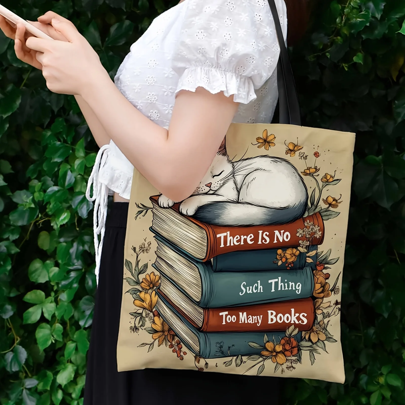 1pc Shoulder Bag Featuring a Cat And Books Print for Shopping  Storage Bags Tote for Family Gatherings Holiday Celebrations